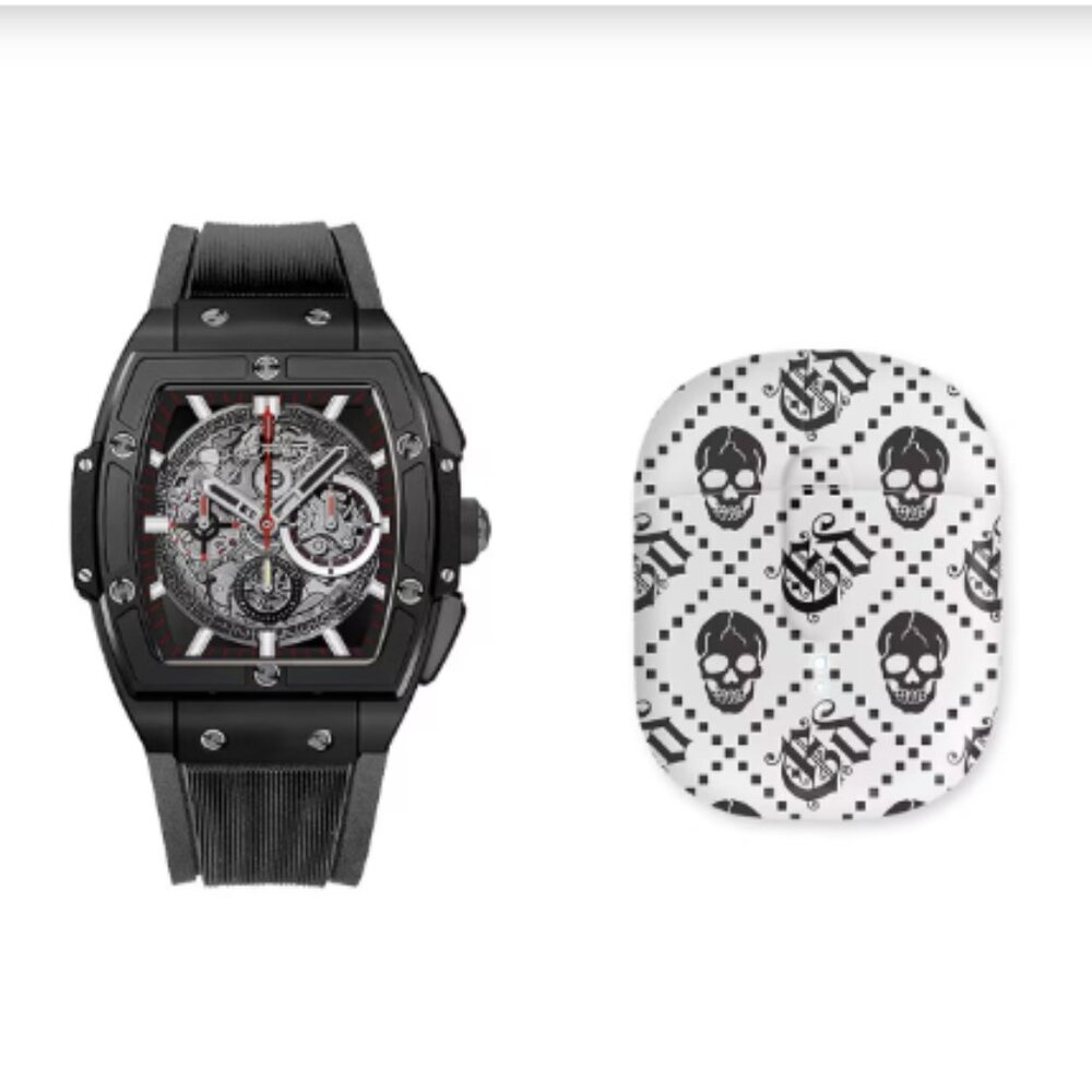 Ed Hardy Square Watch with Faux Leather Strap & Earbuds Set